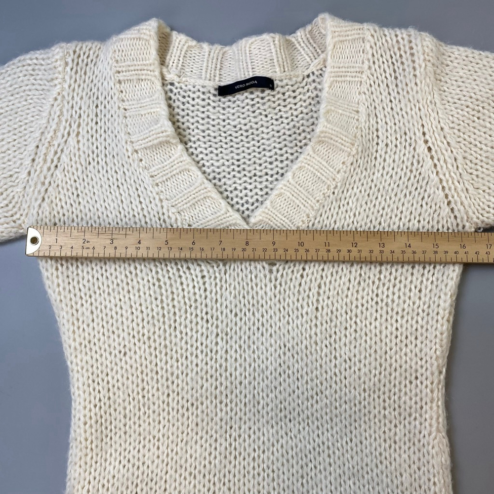 Vero Moda Knit Dress Medium Cream Short Sleeve V-Neck Cozy Soft Sheer Chunky - Picture 8 of 11
